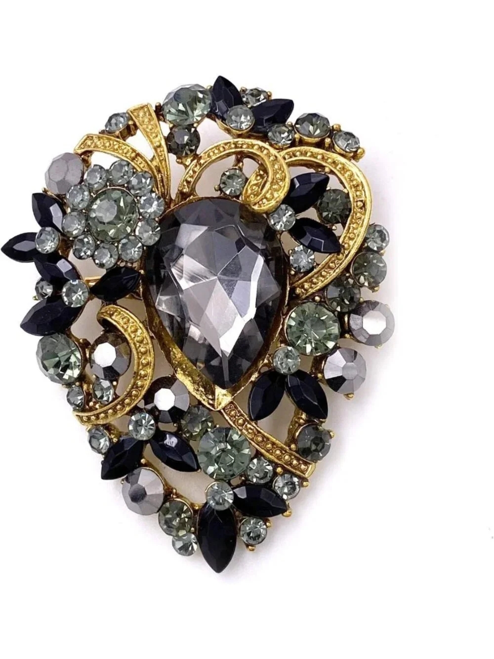 Elegant Vintage Flower Teardrop Brooch | Austrian Crystal Gold Tone Jewelry